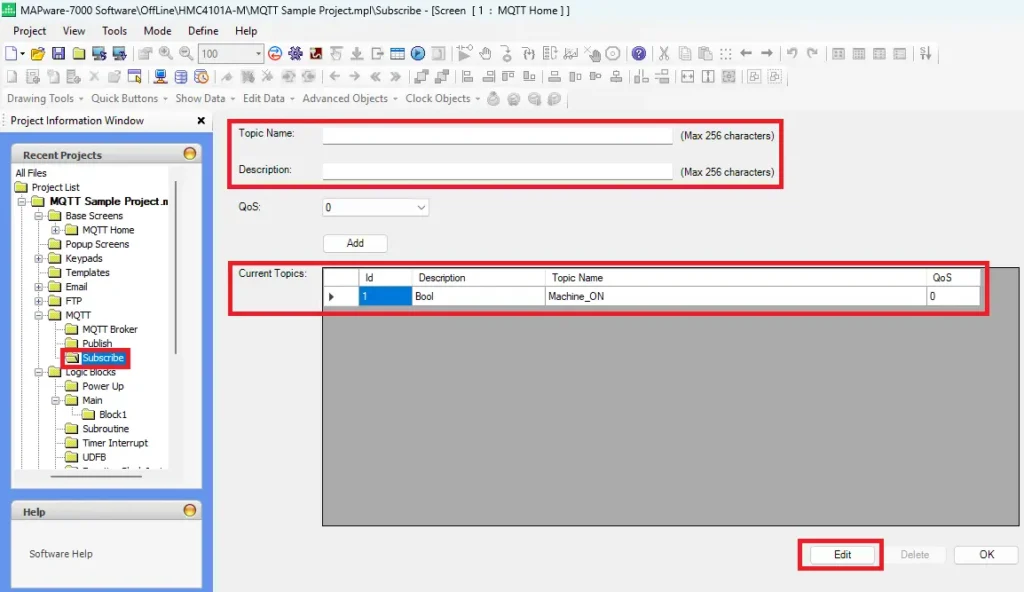 MAPware-7000 MQTT Broker Subscribe Settings