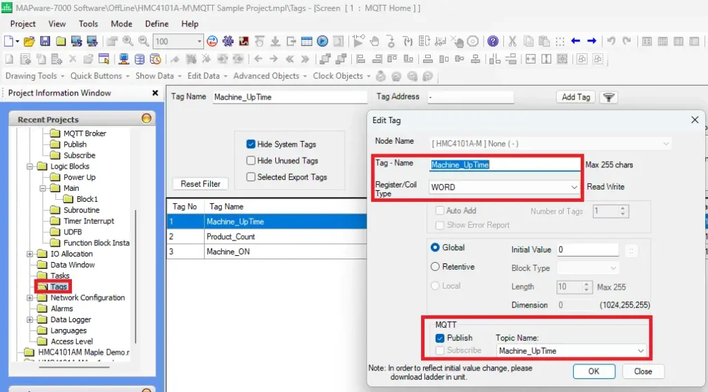 MAPware-7000 MQTT Broker adding tags machine up time