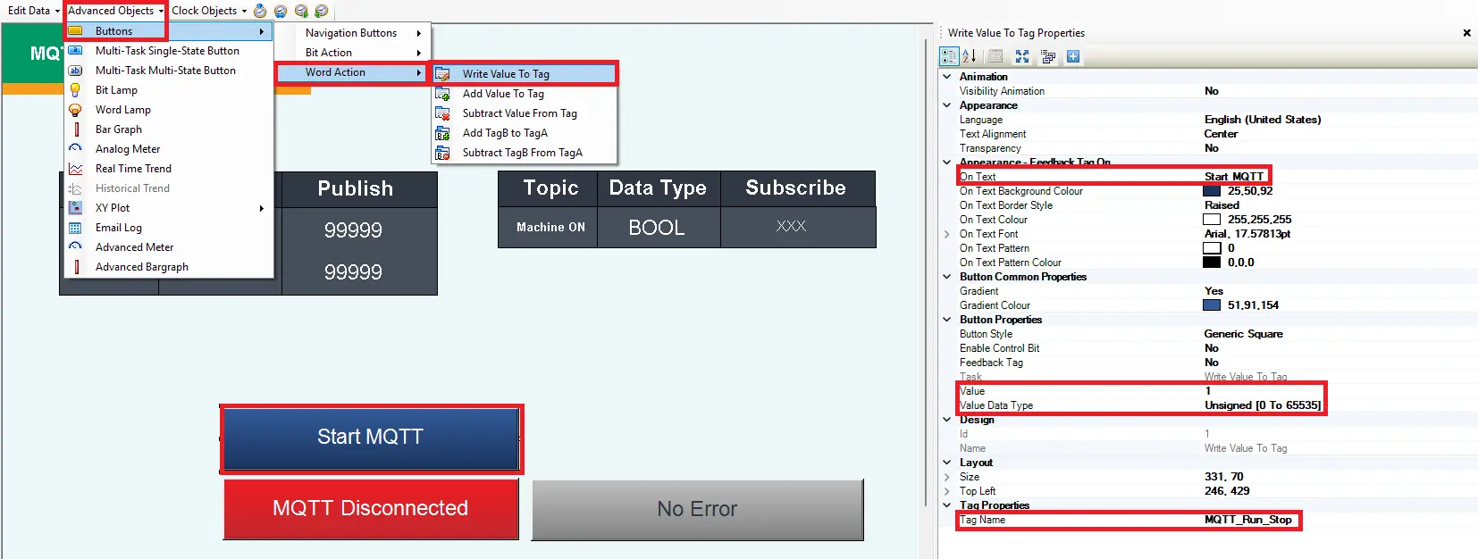 MAPware-7000 MQTT adding write value to tag button and its settings