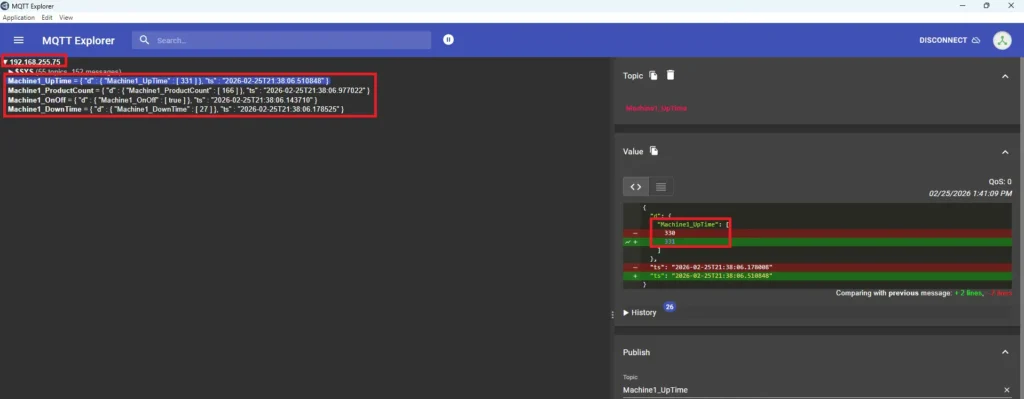 MQTT Explorer connected to MQTT local server topics published and displayed How to Connect a Maple Systems PLC to MQTT