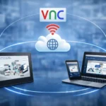VNC, or virtual network computing, makes it possible to view and interact with an HMI from another computer or device connected to the Internet.