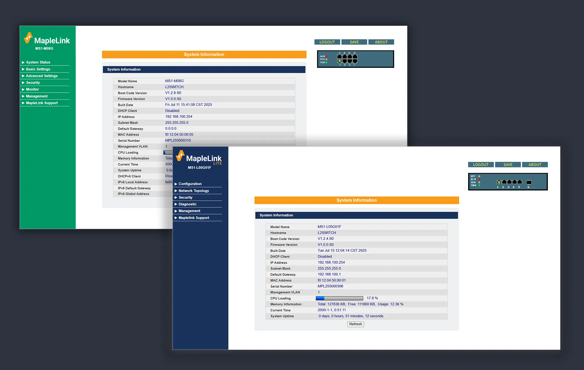 MapleLink and MapleLink lite industrial network switch interfaces