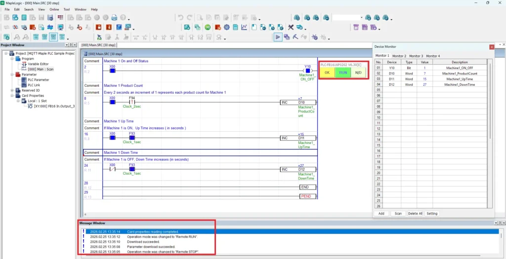 MapleLogic Downloaded to PLC and Online How to Connect a Maple Systems PLC to MQTT