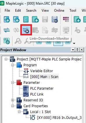 Selecting Link +Download + Moniotr on the toolbar in MapleLogic