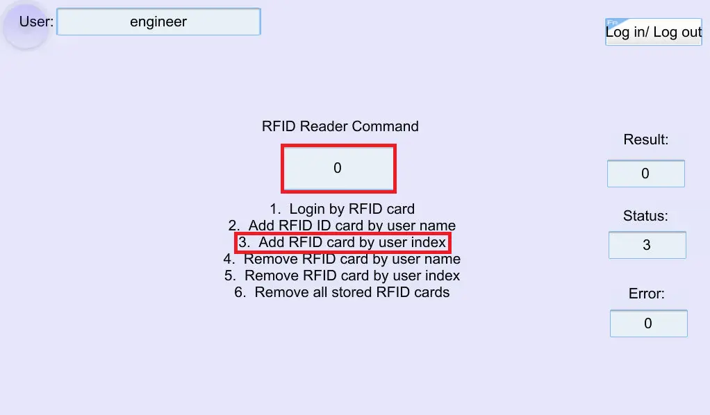 Online in EBPro and highlighting the add RFID card by user index by entering the number 3