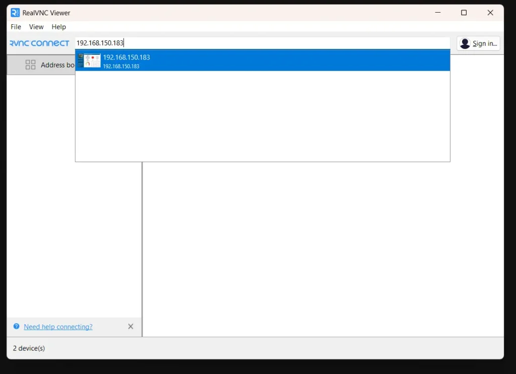 Entering our HMI's IP address into the VNC Viewer