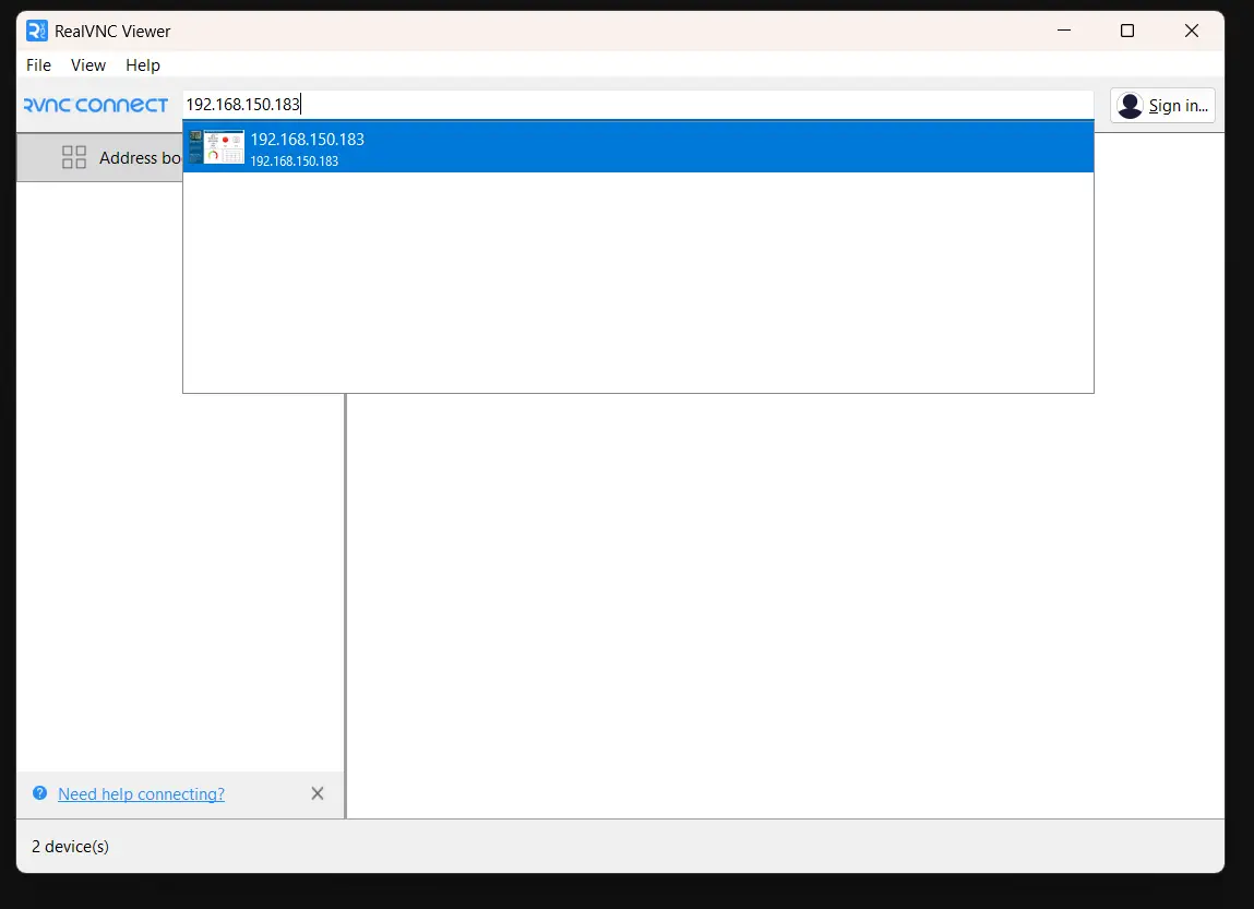 Entering our HMI's IP address into the VNC Viewer