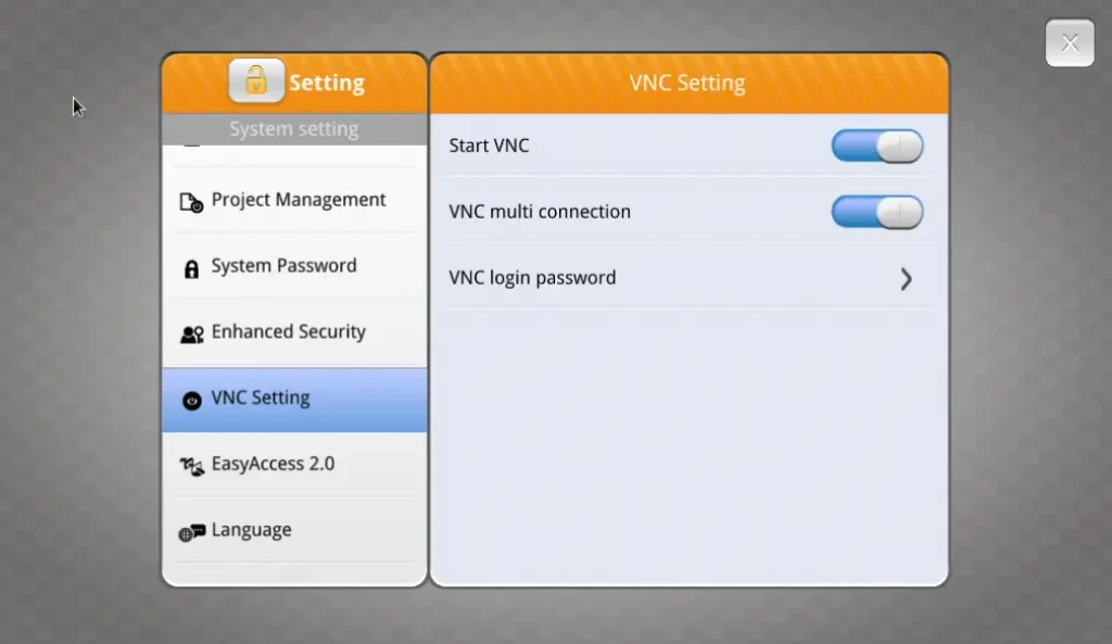 Enableing VNC on an HMI through the system settings