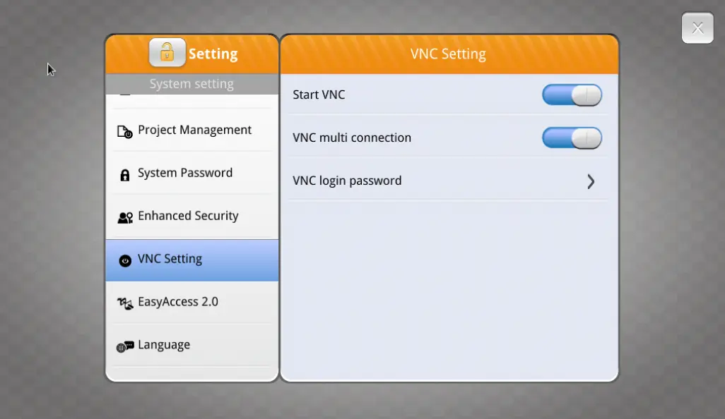 Enableing VNC on an HMI through the system settings