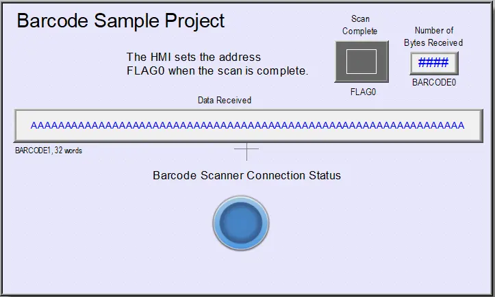 barcode scanner project screen displaying scan complete bit, numer of bytes received, ASCII object displaying data received, and another bit displaying barcode scanner connection status