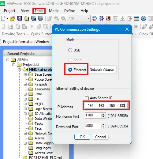Configuring the IP address MAPware-7000 will download to