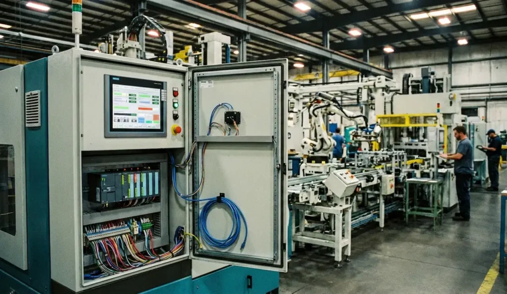 Industrial control system with HMI and PLC in a factory environment