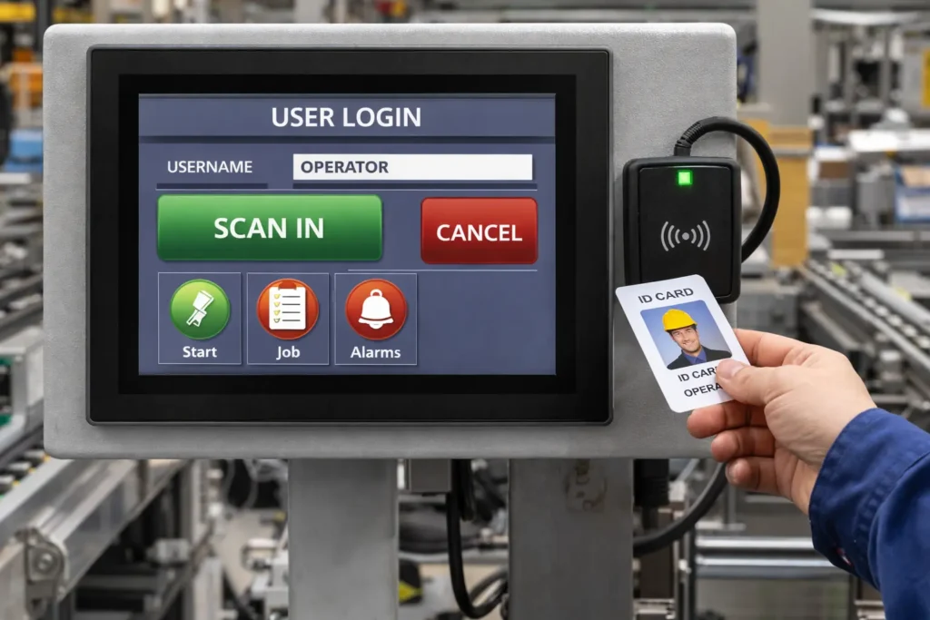 operator scanning ID card into HMI Operator scanning ID card to gain access to HMI