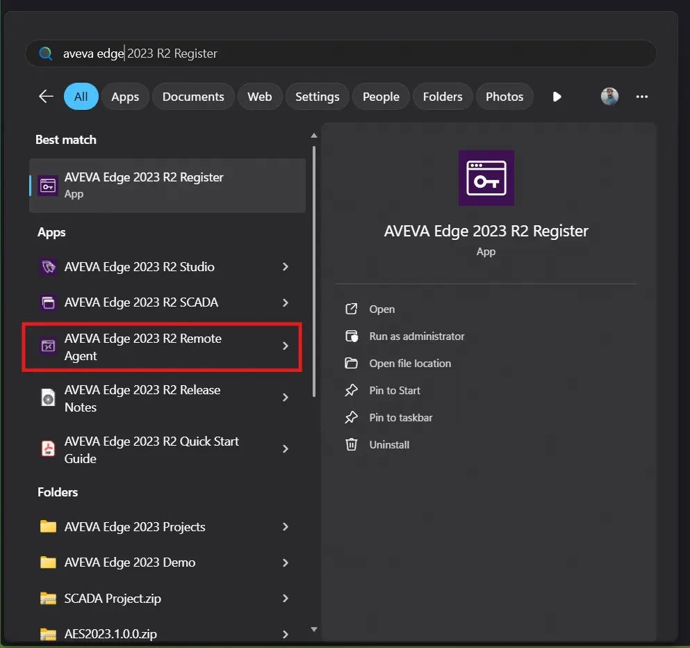 Starting the AVEVA Remote Agent