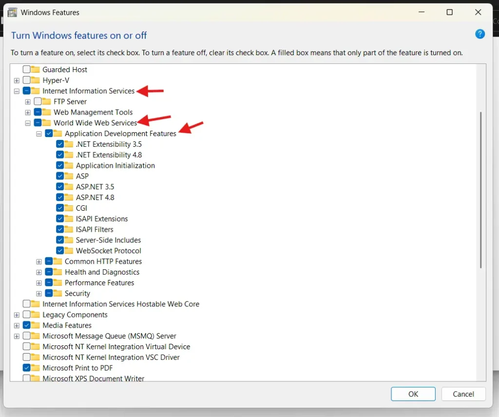 Enabling IIS features in Windows Enabling IIS features in Windows
