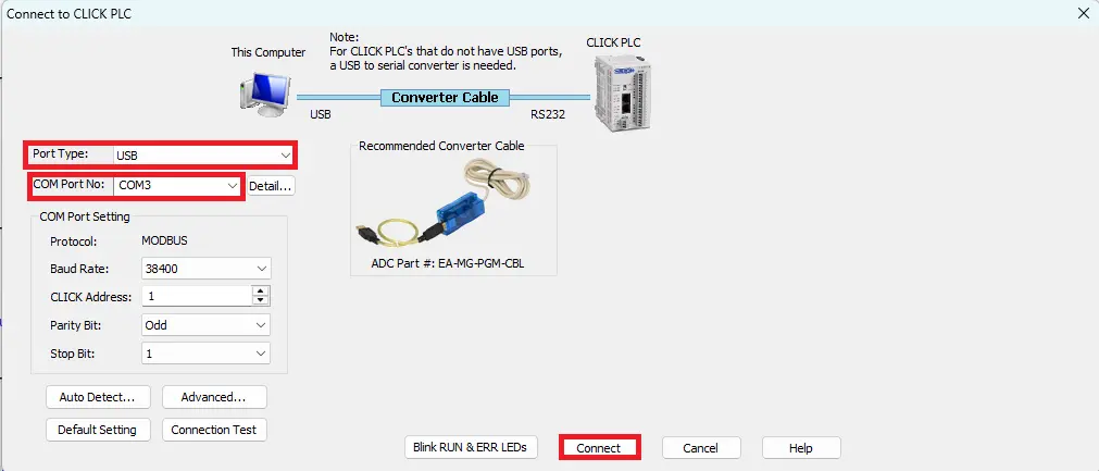 Click Programming Software -Connect for online communication - USB connection