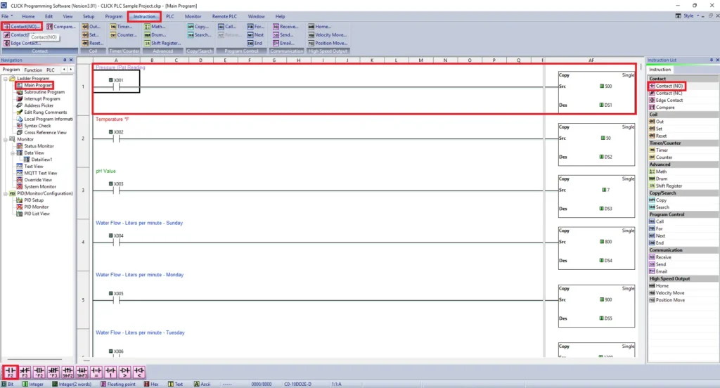 Click Programming Software - Ladder Logic - Main Program - Contact - Pressure Reading logic Click Programming Software - Ladder Logic - Main Program - Contact - Pressure Reading logic