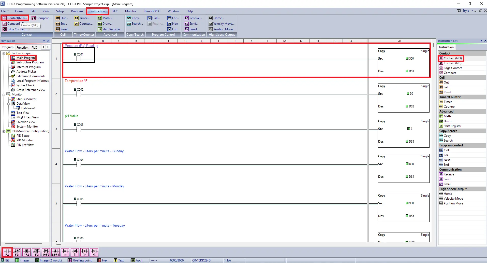 Click Programming Software - Ladder Logic - Main Program - Contact - Pressure Reading logic