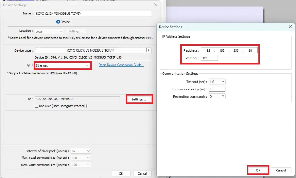 EBPro - KOYO CLICK device settings - enter IP address (1) EBPro - KOYO CLICK device settings - enter IP address