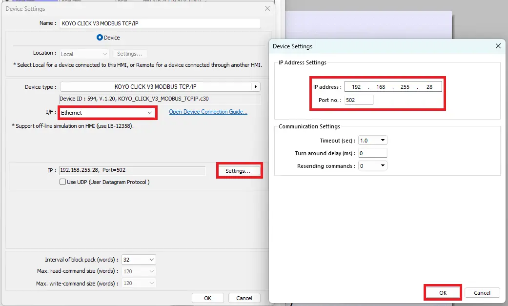 EBPro - KOYO CLICK device settings - enter IP address
