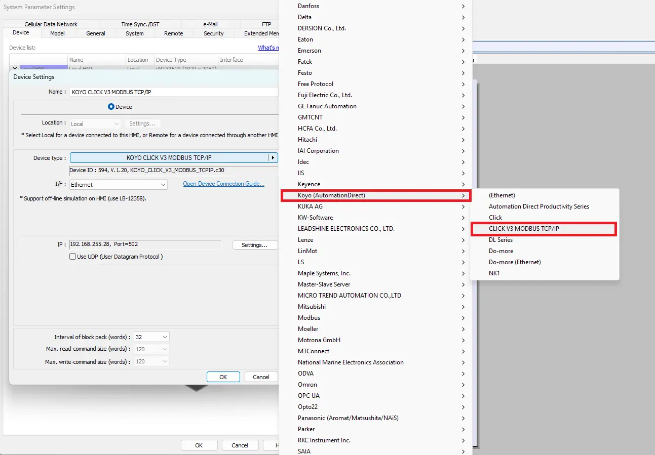 EBPro - New Device - Choosing protocol driver - koyo click modbus tcp