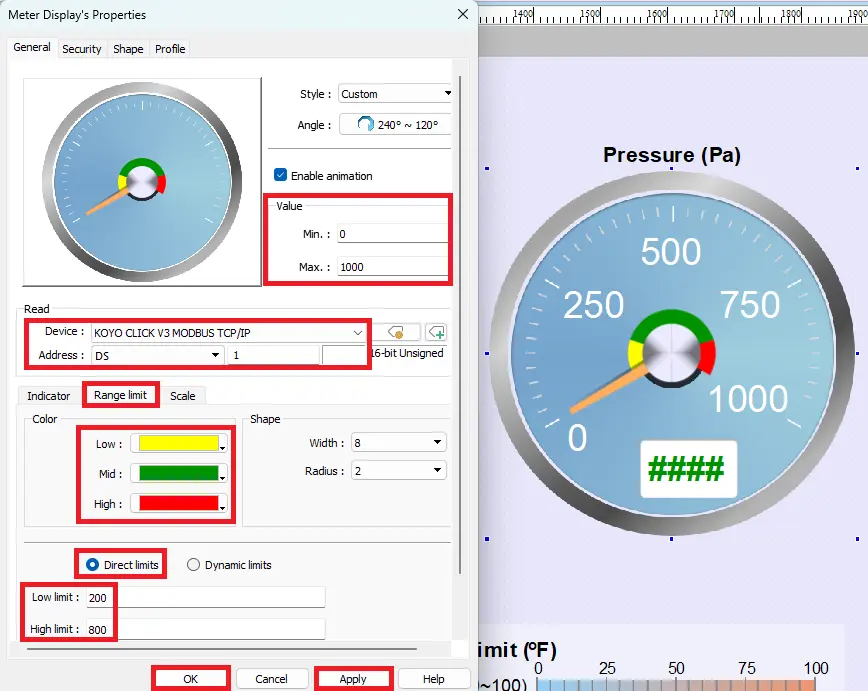 EBPro - meter display settings choosing plc and address range limit and direct limits
