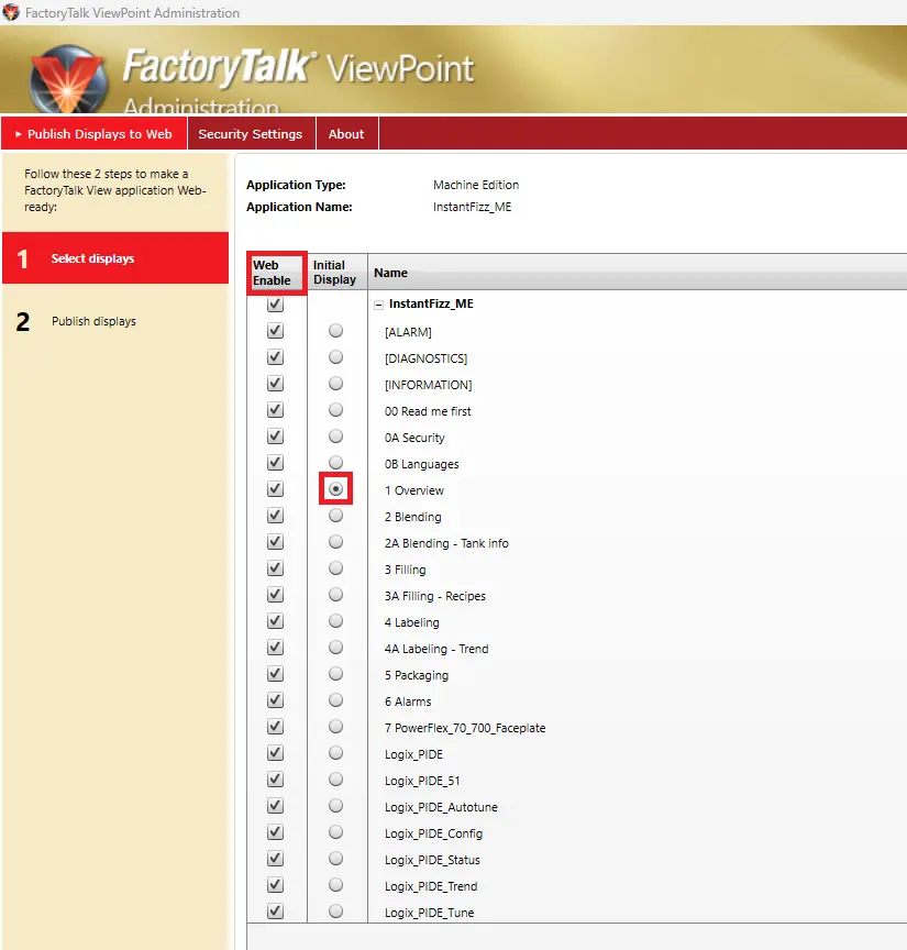 FactoryTalk ViewPoint Administration - Selecting Displays and Initial Display
