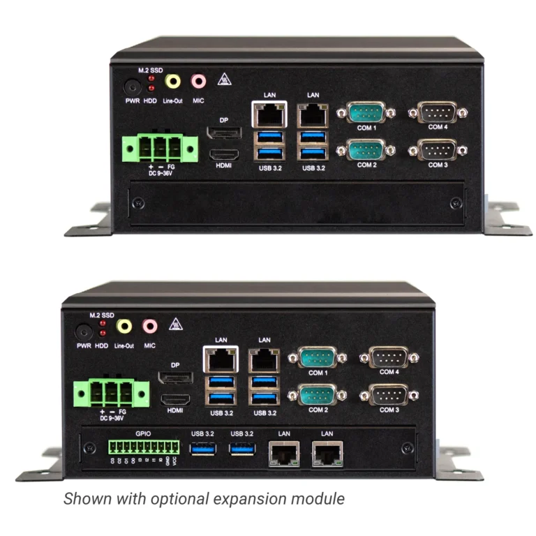 Maple Systems Heavy Duty IPC2360A Industrial Box PC with Intel 14th Gen i-Core Processors - front view with and without expansion option