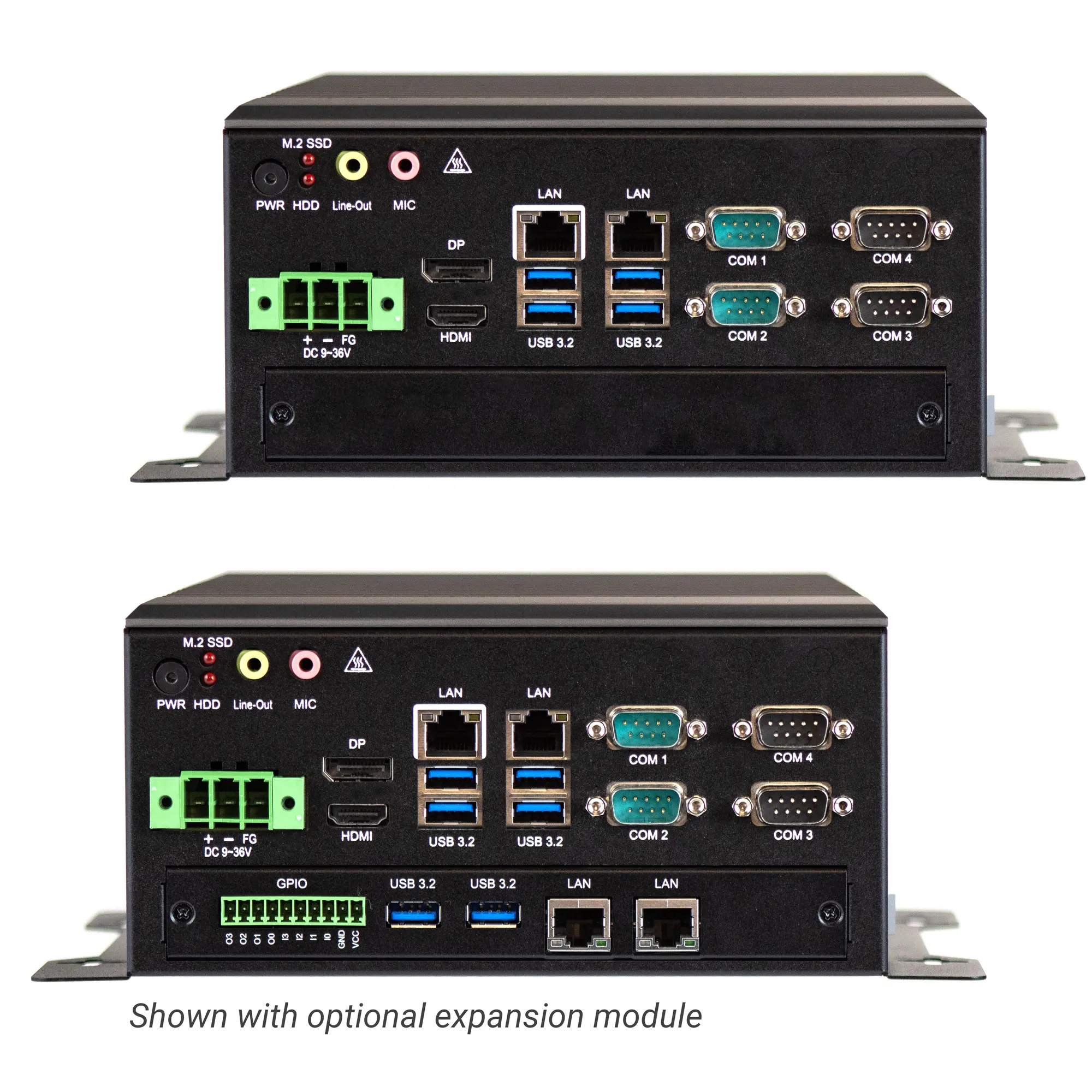 Maple Systems Heavy Duty IPC2360A Industrial Box PC with Intel 14th Gen i-Core Processors - front view with and without expansion option