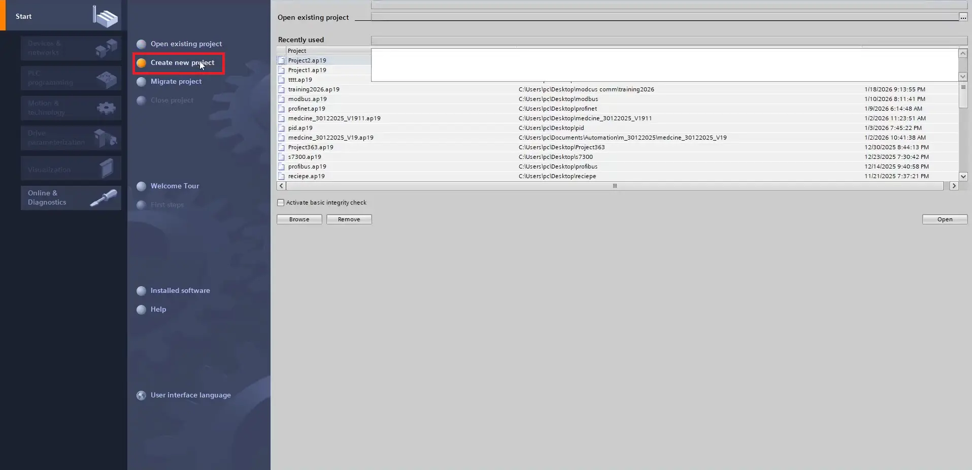 TIA Portal - Creating a new project