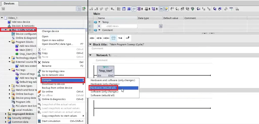 TIA Portal - Downloading - Compile Project - Hardware rebuild all TIA Portal - Downloading - Compile Project - Hardware rebuild all