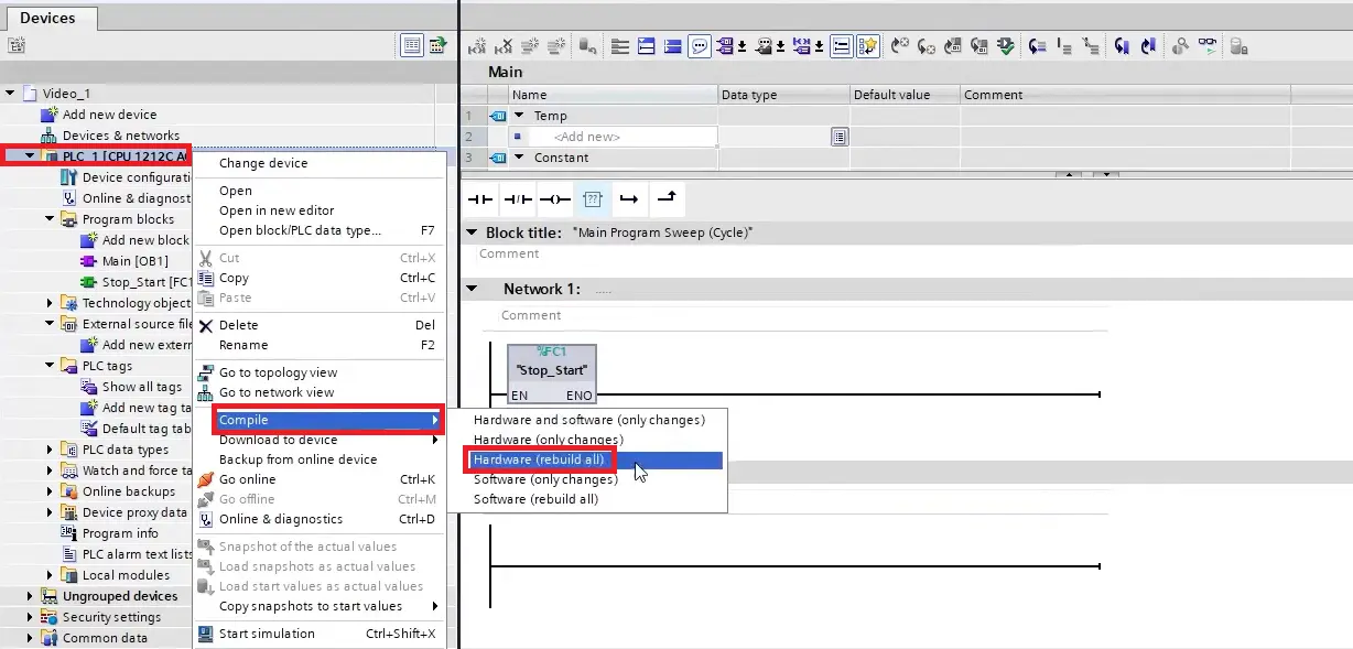 TIA Portal - Downloading - Compile Project - Hardware rebuild all
