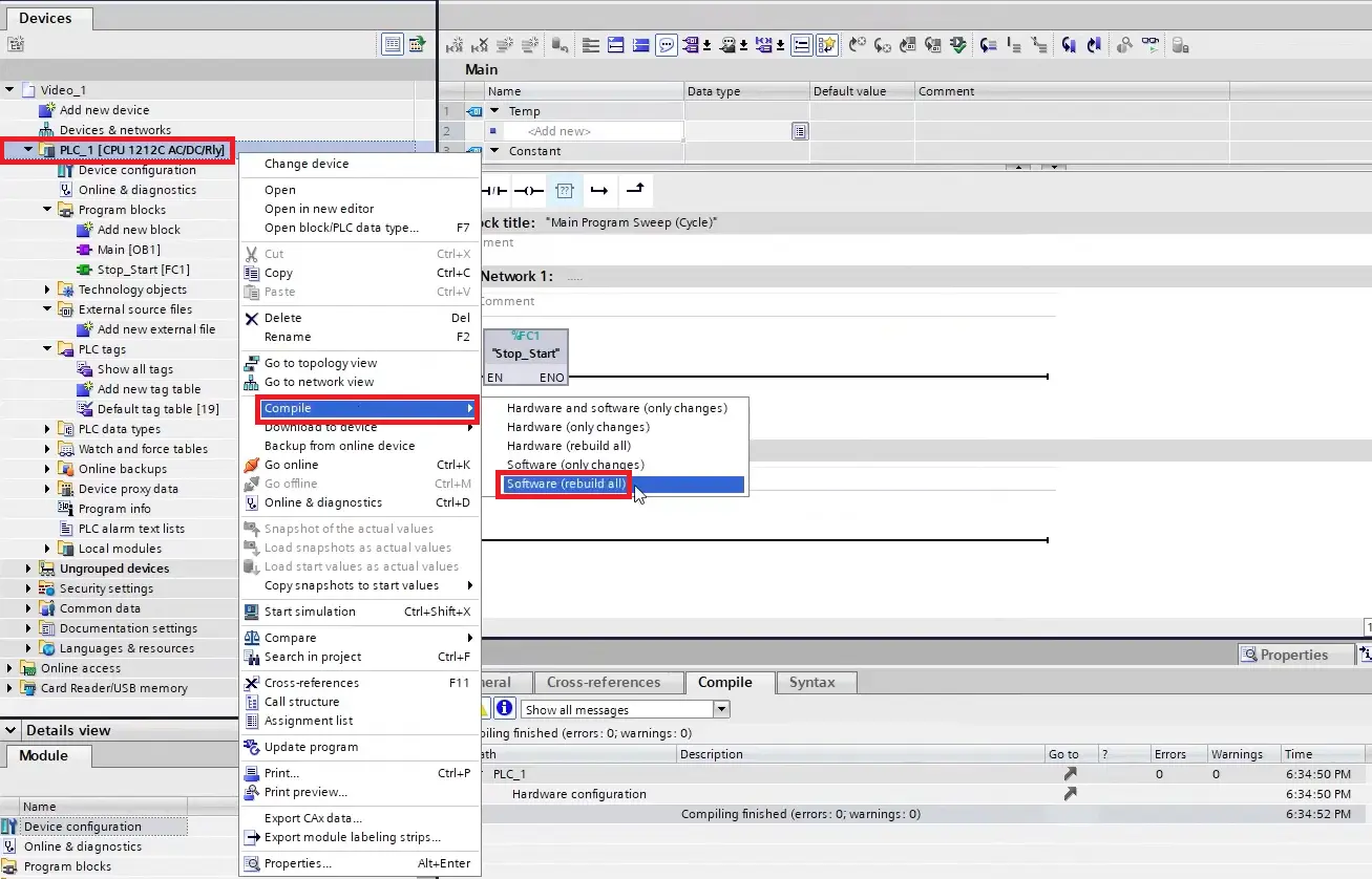 TIA Portal - Downloading - Compile Project - Software rebuild all