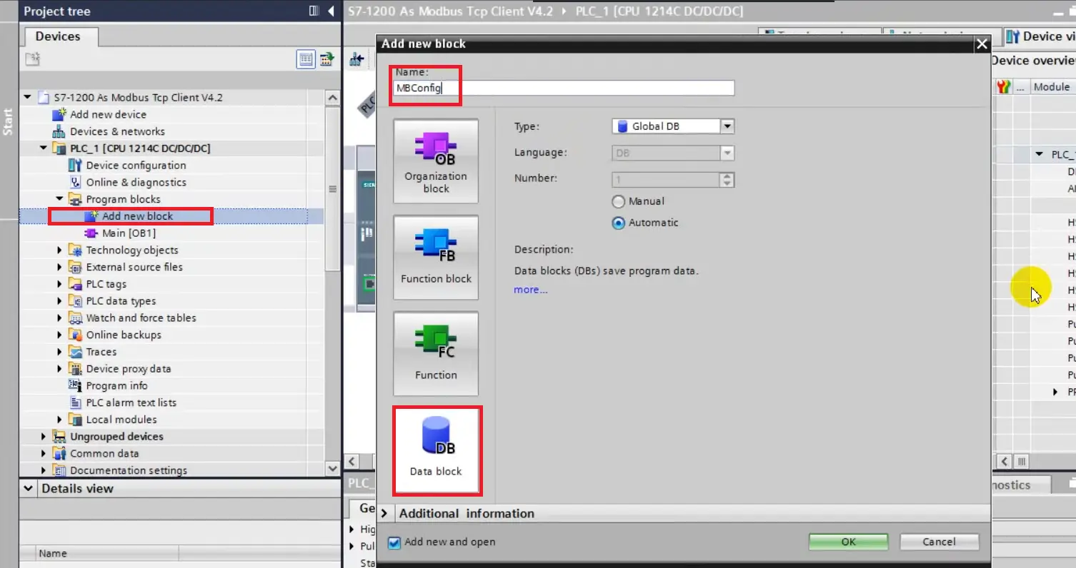 TIA Portal - Modbus New Data block for modbus config