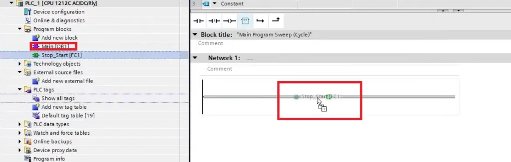 TIA Portal - Program Block - Ladder Diagram - drag Stop Start Function to Main OB1 program block How to Configure Remote I/O with a Siemens PLC