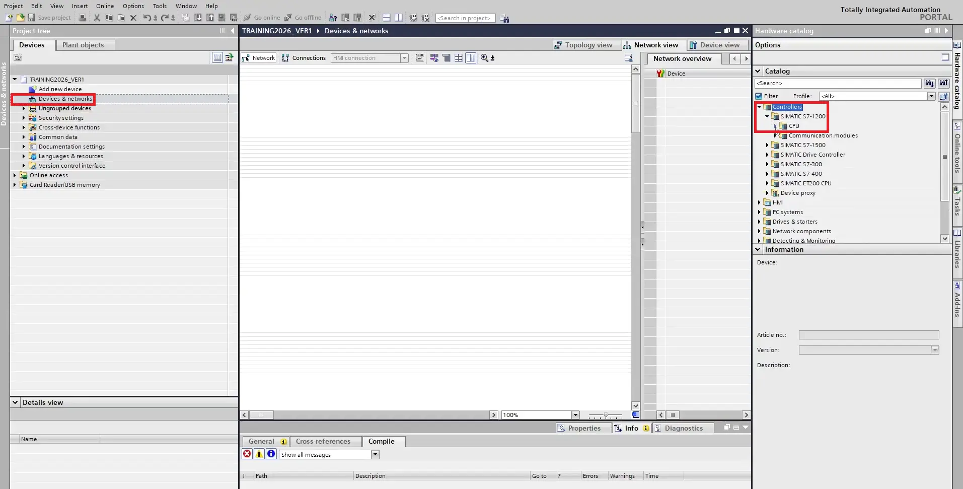 TIA Portal - adding controller and cpu model