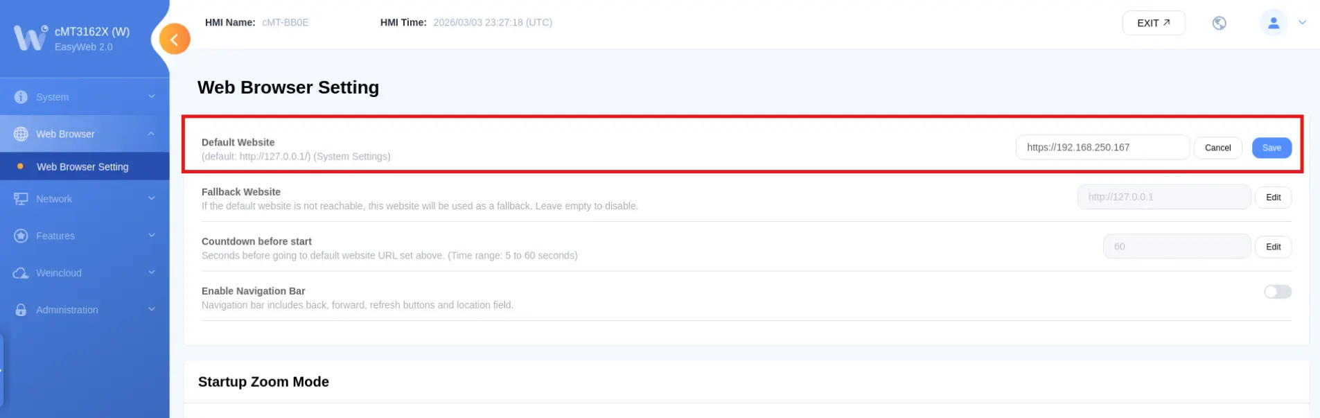 Configuring the default IP address of a Web HMI