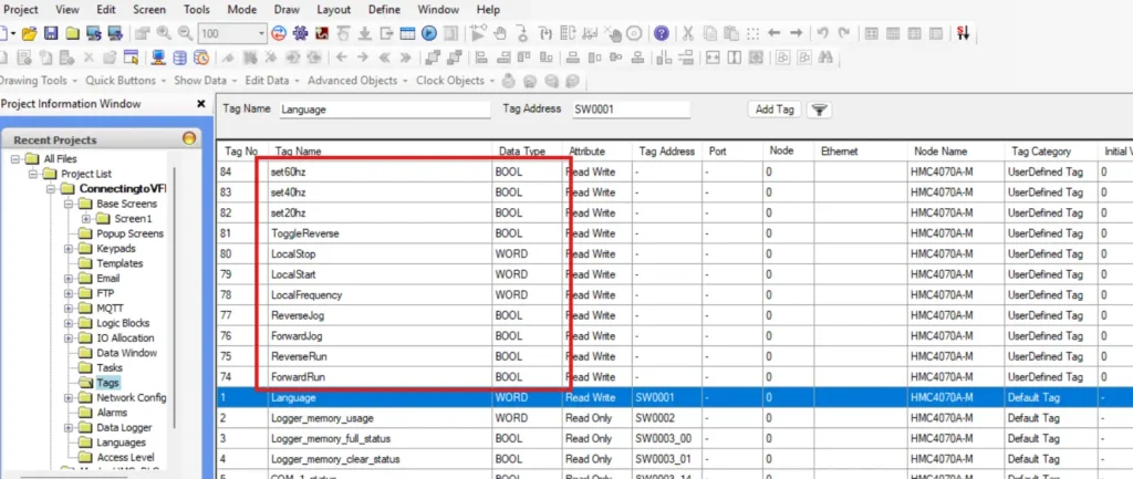 Setting Tags for the VFD