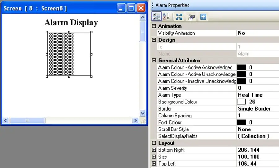 Alarm Properties MAPware-7000 Alarm Properties editable with the placement of an Alarm Display on a screen.