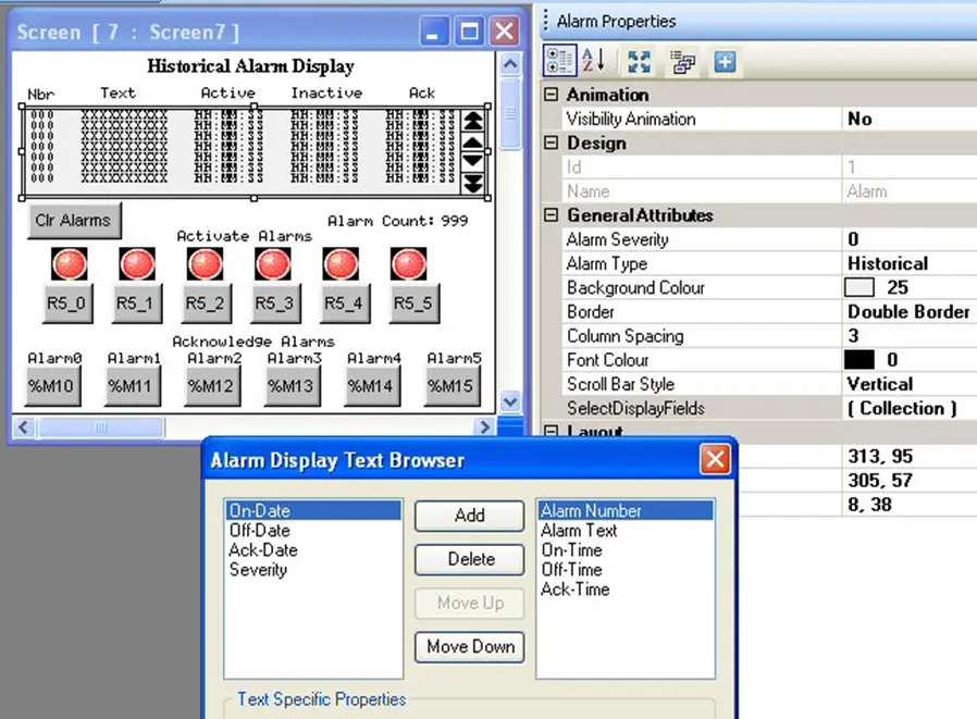 Example of Historical Alarm MAPware-7000 Alarm Properties editable with the placement of a Historical Alarm Display on a screen.