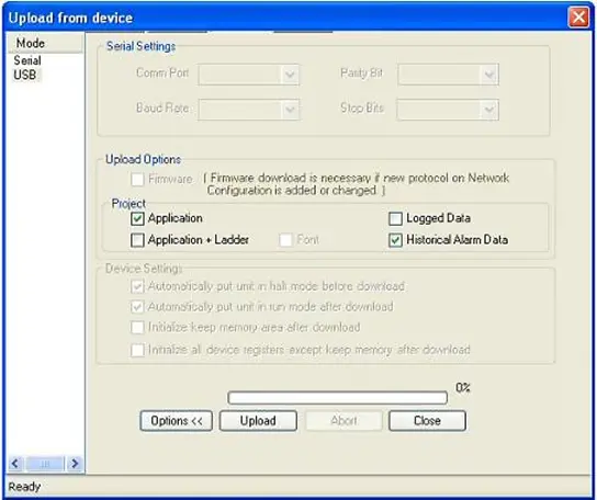 Upload Download MAPware-7000 Upload/Download dialog box with Historical Alarm Data selected(Project-Transfer-Upload)
