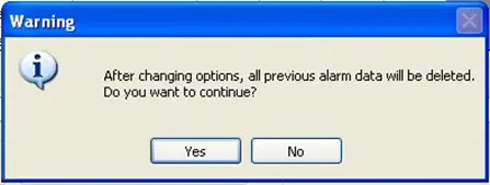 Alarm Erase warning Screenshot of MAPware-7000 Alarm data deletion warning window.