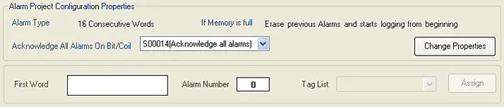 Assign button greyed out Screenshot of MAPware-7000 Alarm properties with assign button unavailable (greyed out)