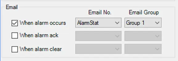 Alarm Email Screenshot of MAPware-7000 Alarms, Email screen to configure e-mail generation upon an alarm