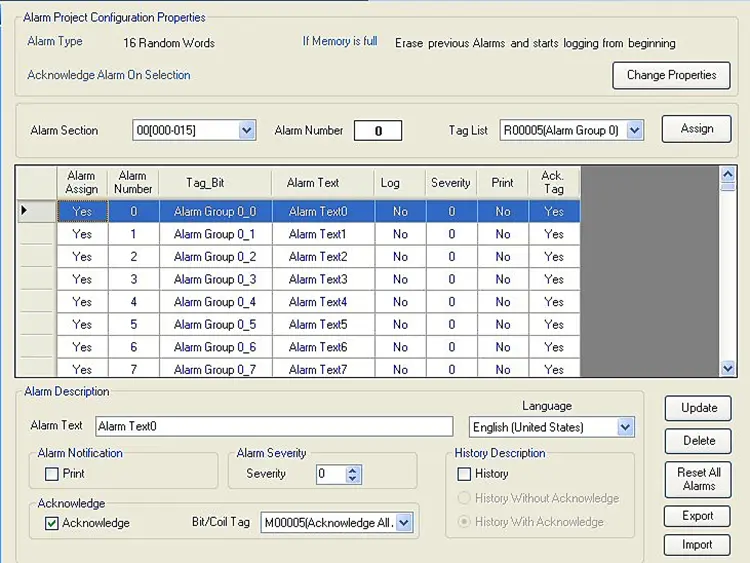 Alarm Project Configuration MAPware-7000 Alarm Project Configuration Dialog box