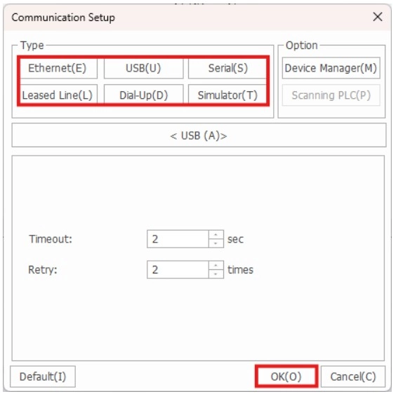 MapleLogic Connection Setup Communication Setup Communication Setup window in MapleLogic