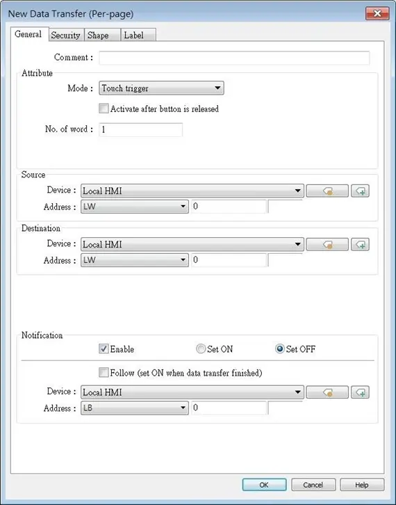 EBPro Data Transfer (per page) General Tab EBPro Data Transfer (per page) configuration window, General Tab