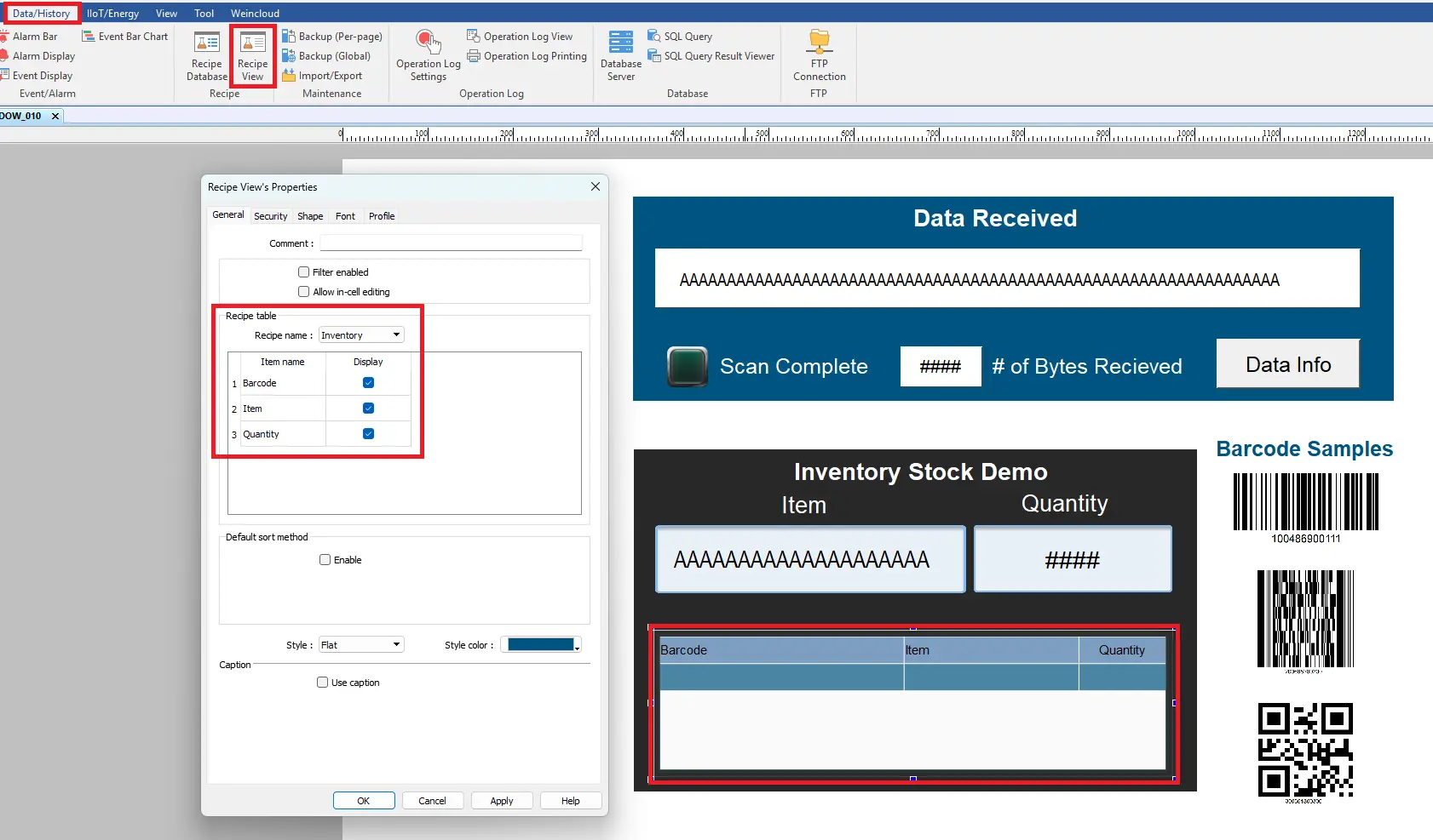 EBPro Barcode Scanner Recipe Table
