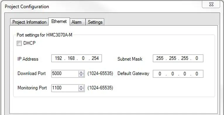 Project Properties menu for setting the HMC IP address configuration