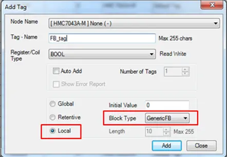 Local scope and function block selection in the add tag window